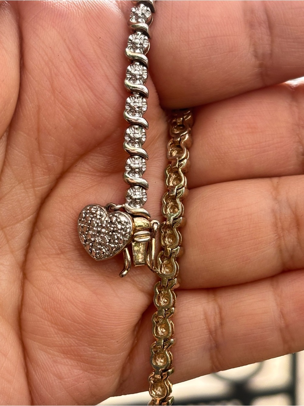 Vintage 925 Sterling Silver Tennis Bracelet 7” Two Tone Heart Charm